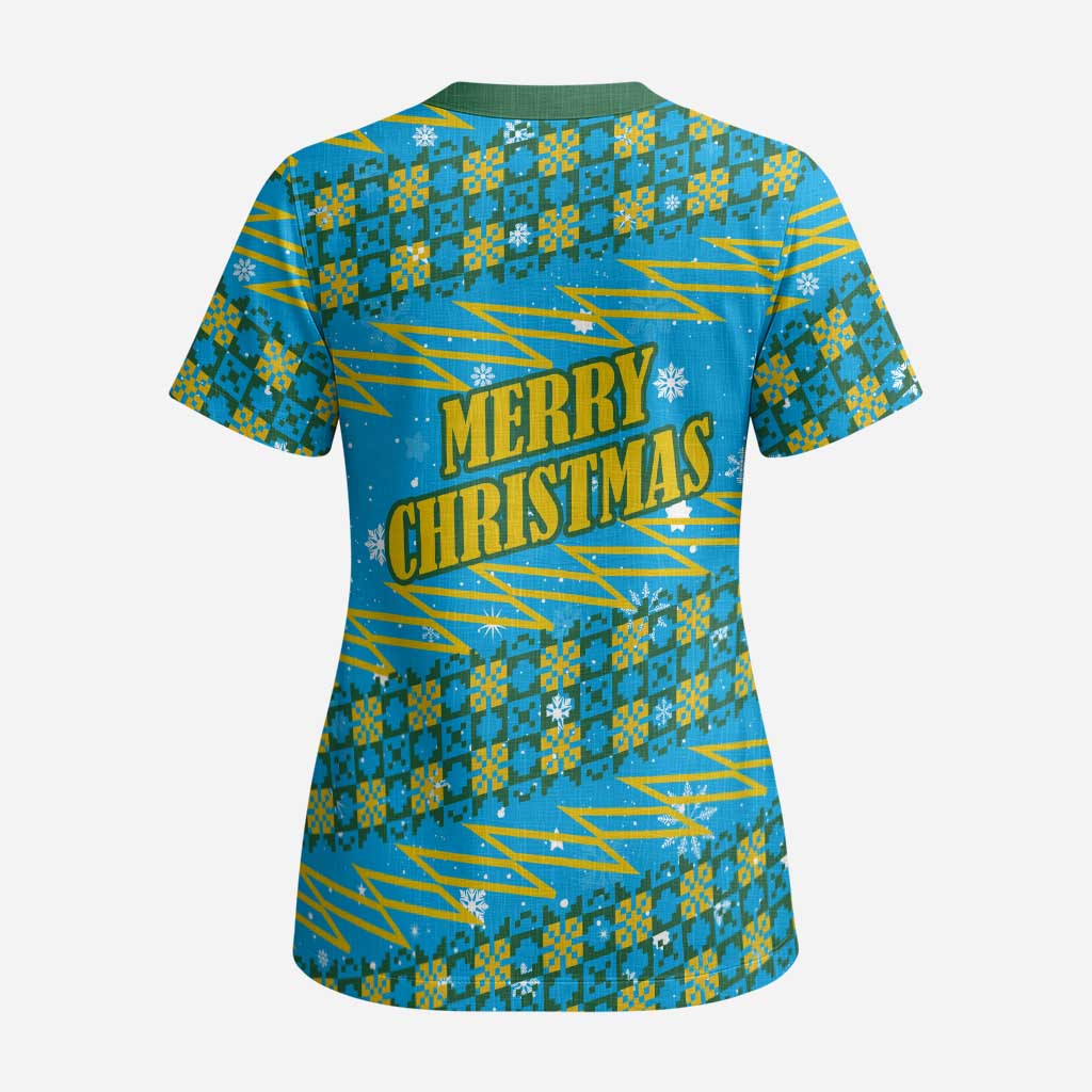 Rwanda Christmas Scrub Top with Blue-Yellow Pattern, Festive Geometric Motifs, and Bold Typography - Wonder Print Shop
