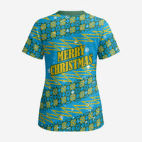 Rwanda Christmas Scrub Top with Blue-Yellow Pattern, Festive Geometric Motifs, and Bold Typography - Wonder Print Shop