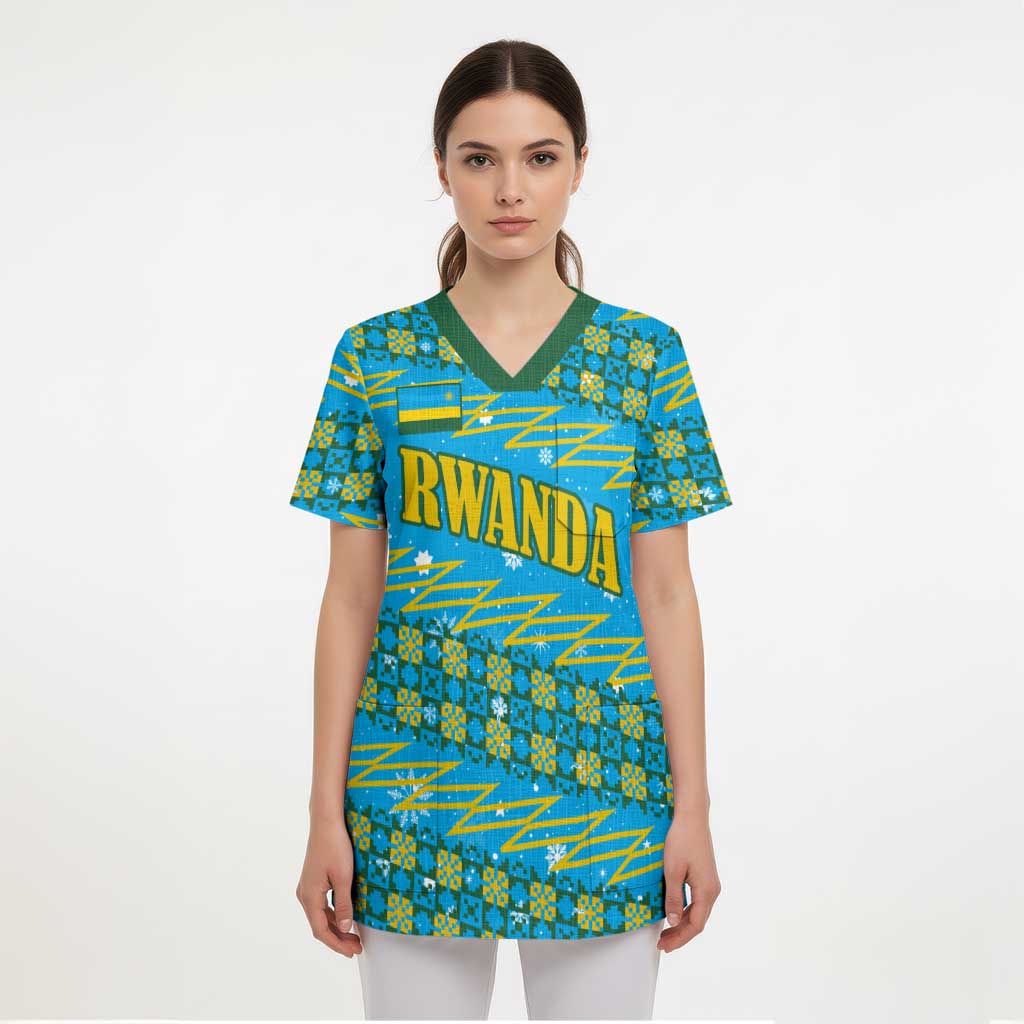 Rwanda Christmas Scrub Top with Blue-Yellow Pattern, Festive Geometric Motifs, and Bold Typography - Wonder Print Shop