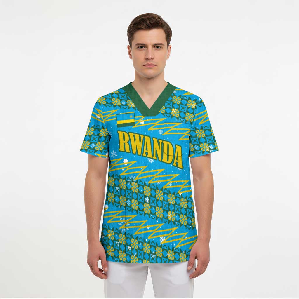 Rwanda Christmas Scrub Top with Blue-Yellow Pattern, Festive Geometric Motifs, and Bold Typography - Wonder Print Shop