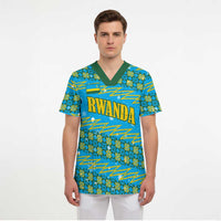Rwanda Christmas Scrub Top with Blue-Yellow Pattern, Festive Geometric Motifs, and Bold Typography - Wonder Print Shop