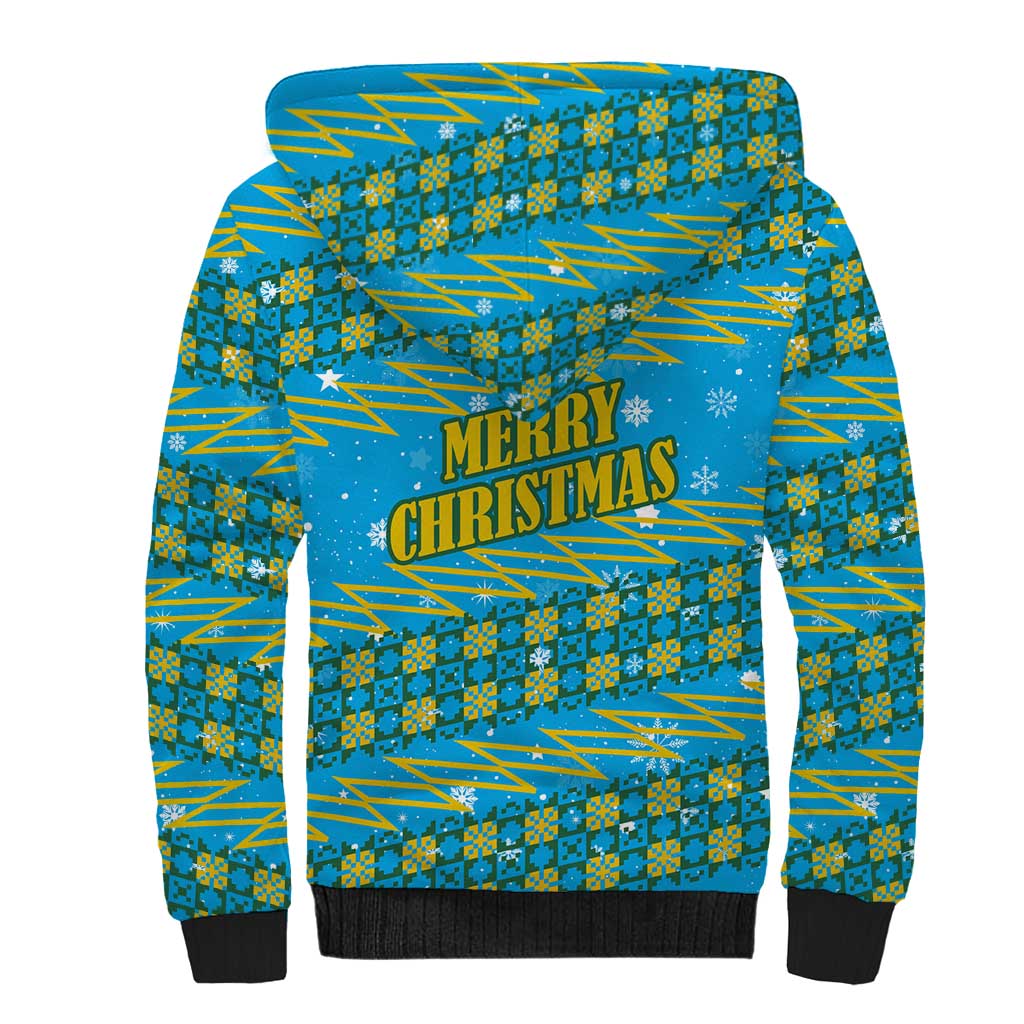 Rwanda Christmas Sherpa Hoodie with Blue-Yellow Pattern, Festive Geometric Motifs, and Bold Typography - Wonder Print Shop