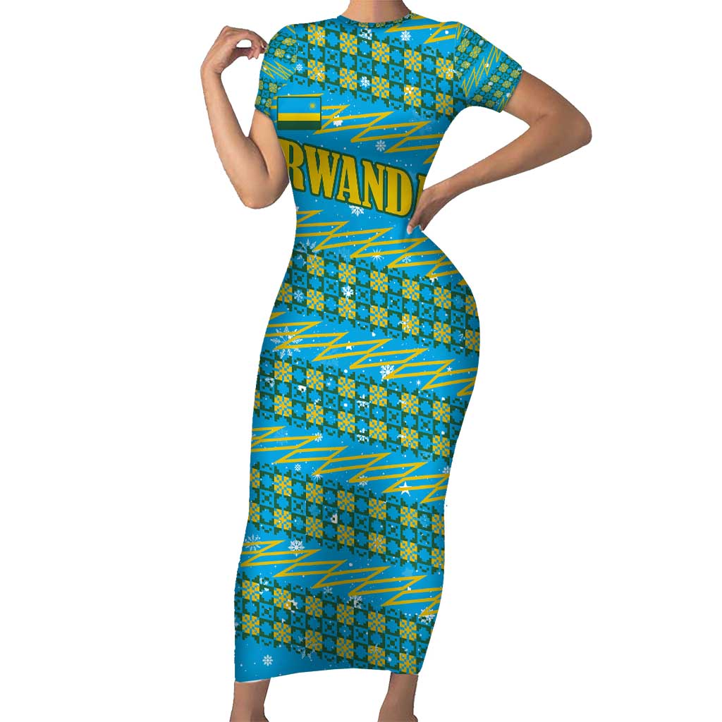 Rwanda Christmas Short Sleeve Bodycon Dress with Blue-Yellow Pattern, Festive Geometric Motifs, and Bold Typography - Wonder Print Shop