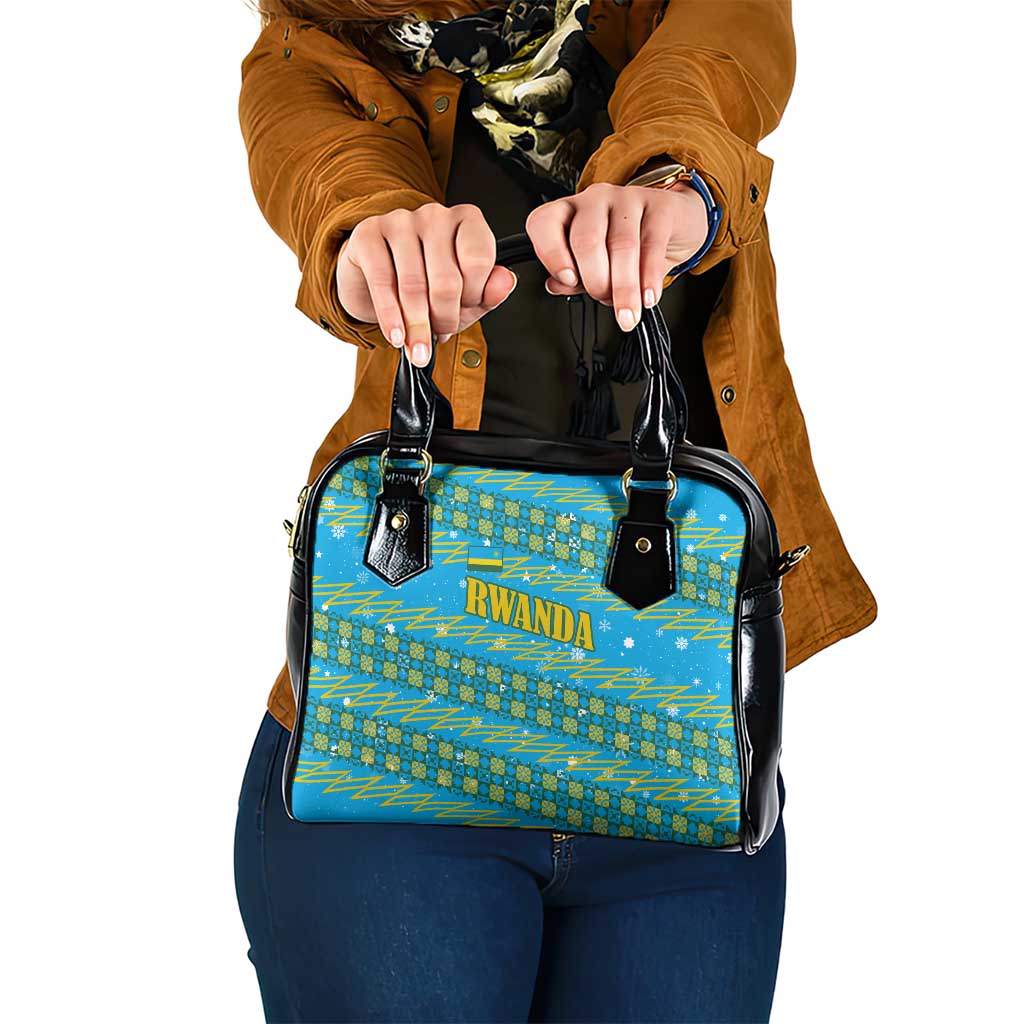 Rwanda Christmas Shoulder Handbag with Blue-Yellow Pattern, Festive Geometric Motifs, and Bold Typography - Wonder Print Shop