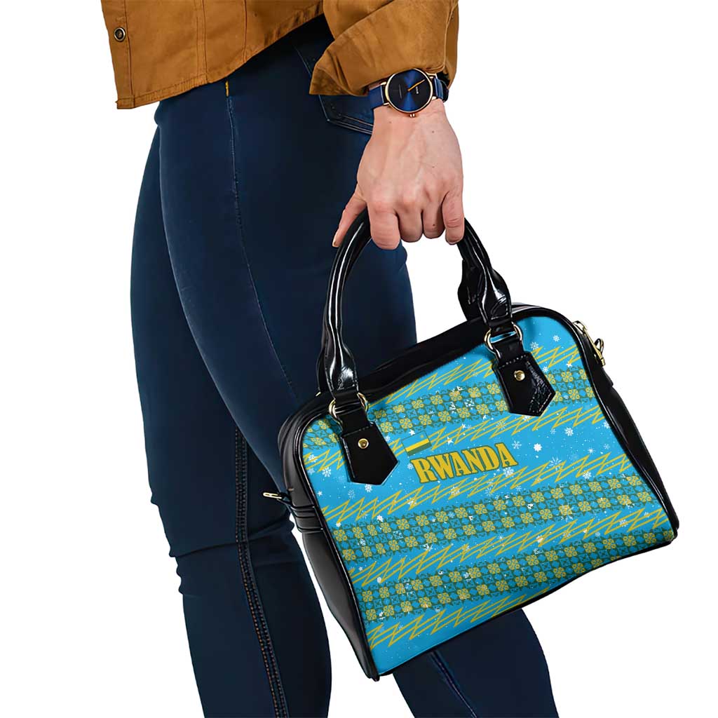 Rwanda Christmas Shoulder Handbag with Blue-Yellow Pattern, Festive Geometric Motifs, and Bold Typography - Wonder Print Shop