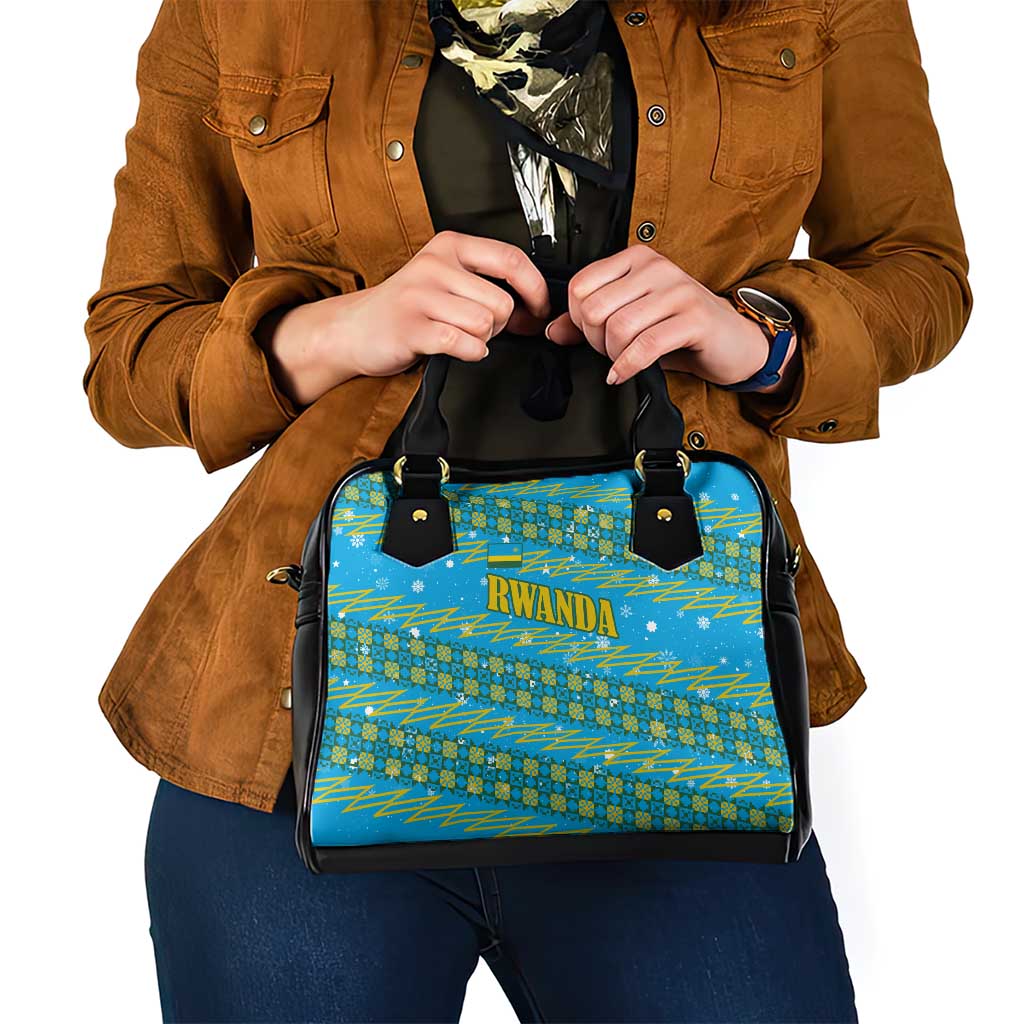 Rwanda Christmas Shoulder Handbag with Blue-Yellow Pattern, Festive Geometric Motifs, and Bold Typography - Wonder Print Shop