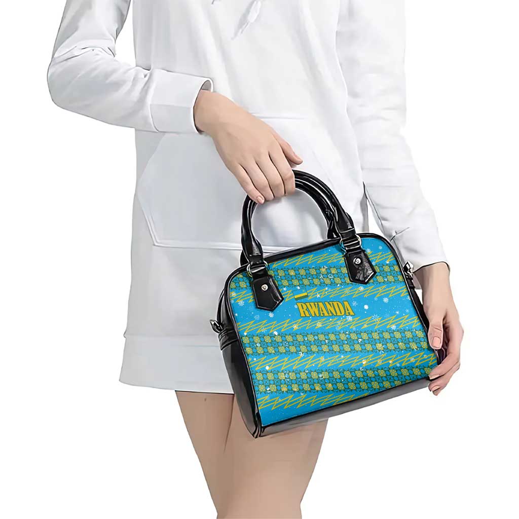 Rwanda Christmas Shoulder Handbag with Blue-Yellow Pattern, Festive Geometric Motifs, and Bold Typography - Wonder Print Shop