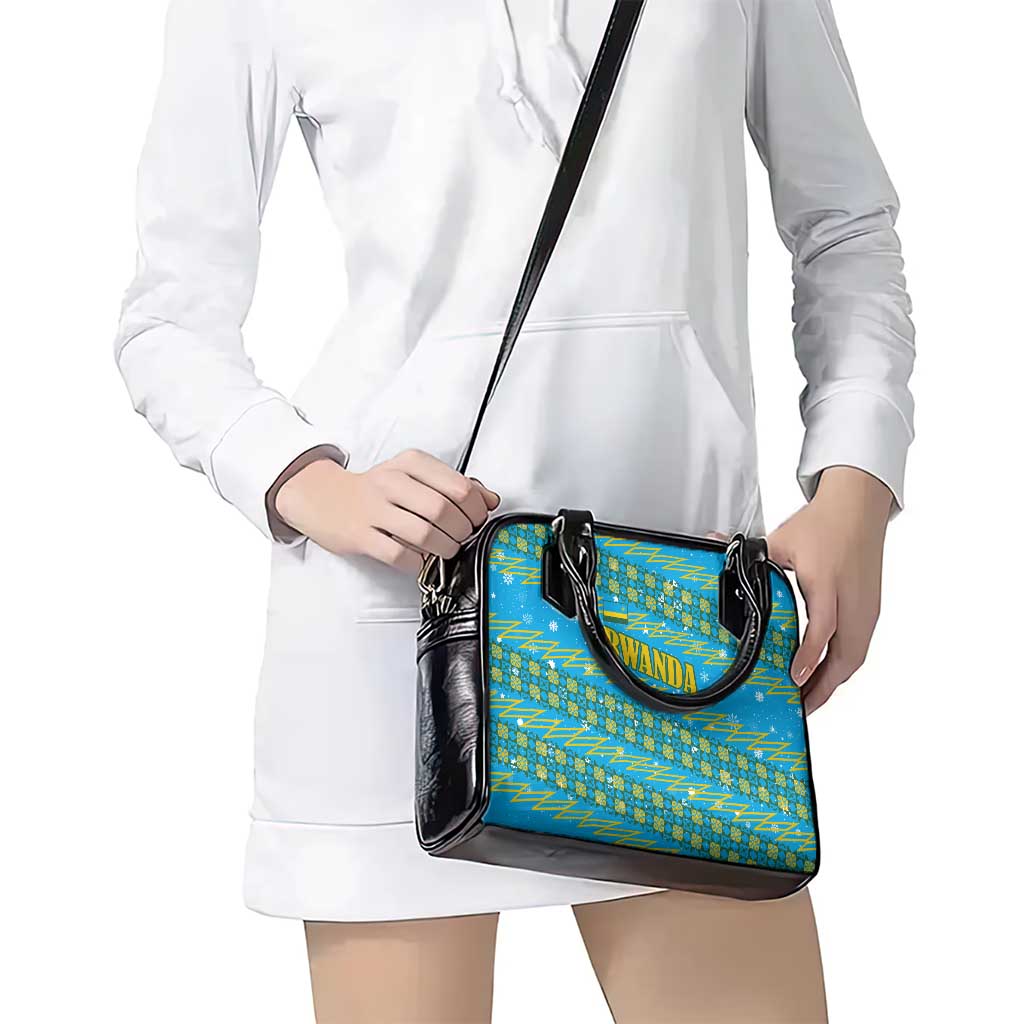 Rwanda Christmas Shoulder Handbag with Blue-Yellow Pattern, Festive Geometric Motifs, and Bold Typography - Wonder Print Shop