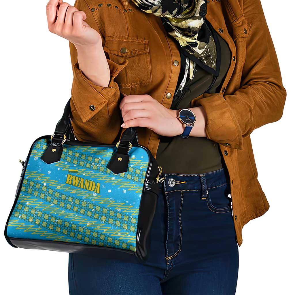 Rwanda Christmas Shoulder Handbag with Blue-Yellow Pattern, Festive Geometric Motifs, and Bold Typography - Wonder Print Shop
