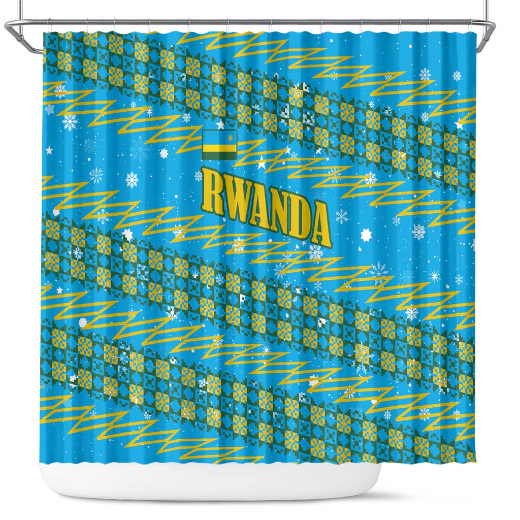 Rwanda Christmas Shower Curtain with Blue-Yellow Pattern, Festive Geometric Motifs, and Bold Typography - Wonder Print Shop