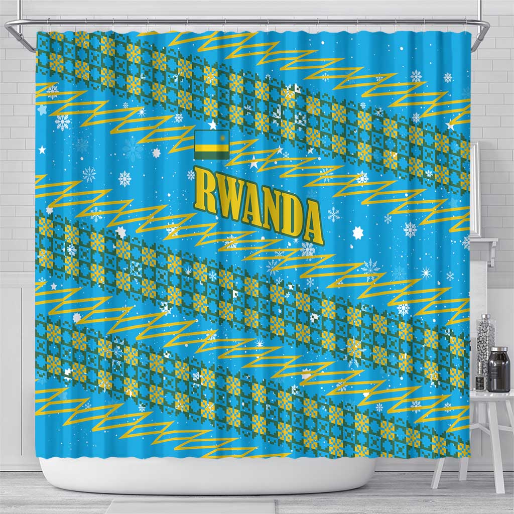 Rwanda Christmas Shower Curtain with Blue-Yellow Pattern, Festive Geometric Motifs, and Bold Typography - Wonder Print Shop