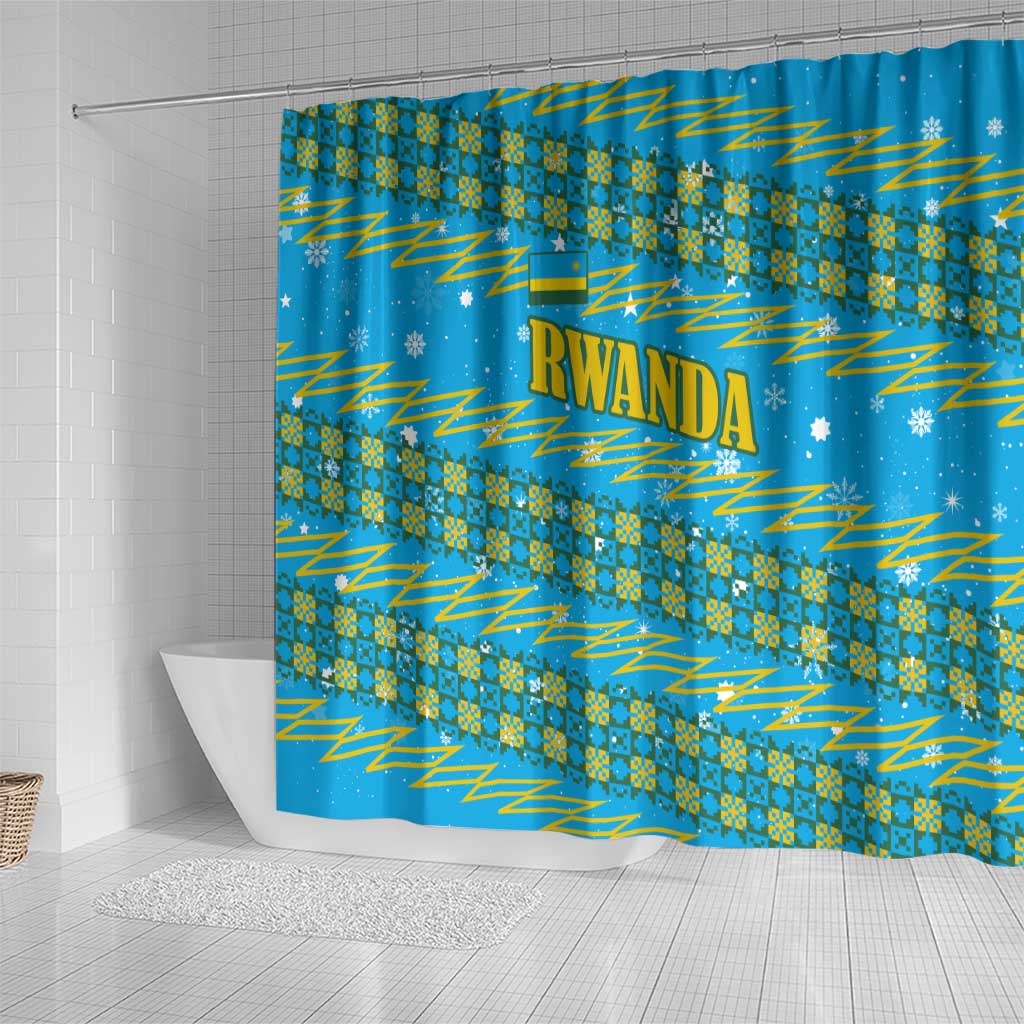 Rwanda Christmas Shower Curtain with Blue-Yellow Pattern, Festive Geometric Motifs, and Bold Typography - Wonder Print Shop
