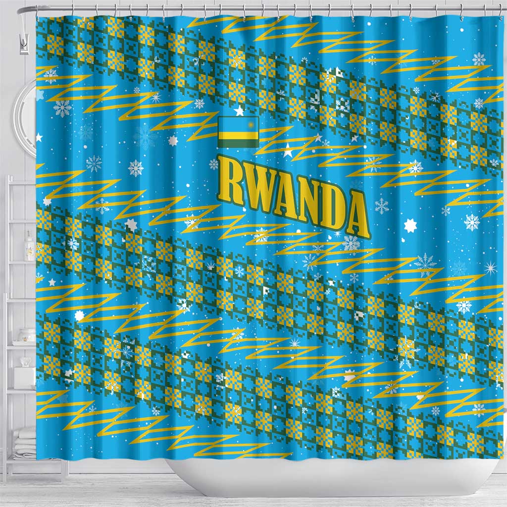 Rwanda Christmas Shower Curtain with Blue-Yellow Pattern, Festive Geometric Motifs, and Bold Typography - Wonder Print Shop