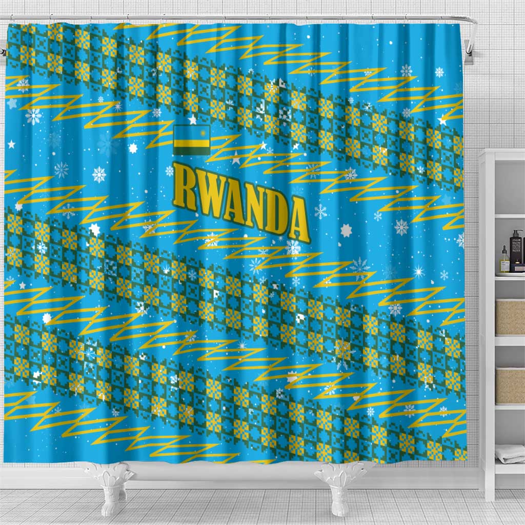 Rwanda Christmas Shower Curtain with Blue-Yellow Pattern, Festive Geometric Motifs, and Bold Typography - Wonder Print Shop