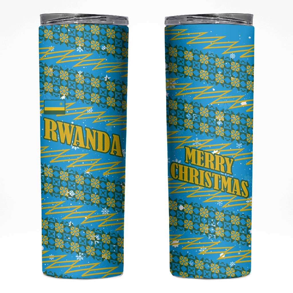 Rwanda Christmas Skinny Tumbler with Blue-Yellow Pattern, Festive Geometric Motifs, and Bold Typography - Wonder Print Shop