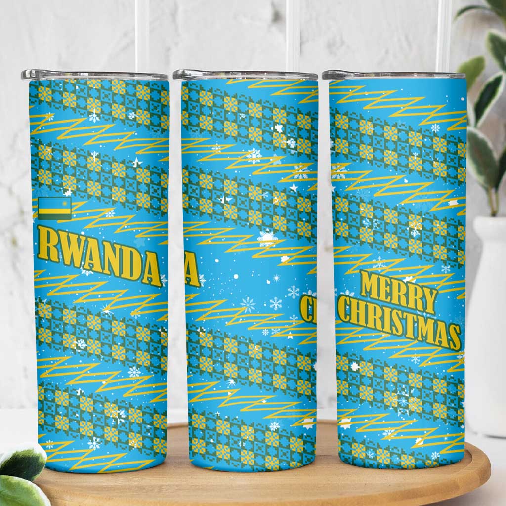Rwanda Christmas Skinny Tumbler with Blue-Yellow Pattern, Festive Geometric Motifs, and Bold Typography - Wonder Print Shop