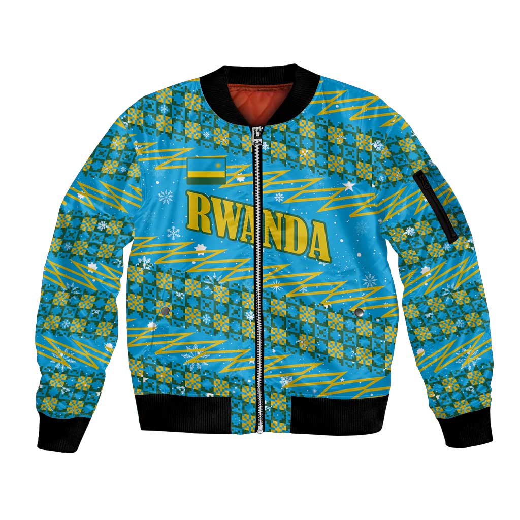 Rwanda Christmas Sleeve Zip Bomber Jacket with Blue-Yellow Pattern, Festive Geometric Motifs, and Bold Typography - Wonder Print Shop