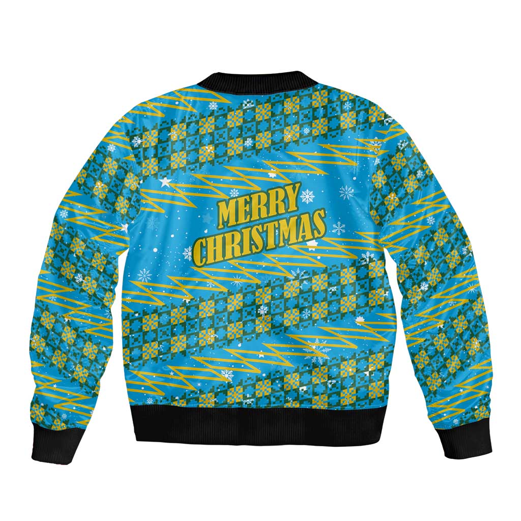 Rwanda Christmas Sleeve Zip Bomber Jacket with Blue-Yellow Pattern, Festive Geometric Motifs, and Bold Typography - Wonder Print Shop