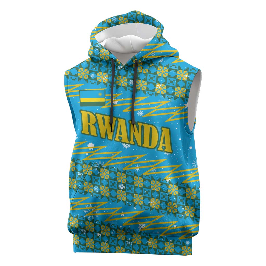 Rwanda Christmas Sleeveless Hoodie with Blue-Yellow Pattern, Festive Geometric Motifs, and Bold Typography - Wonder Print Shop