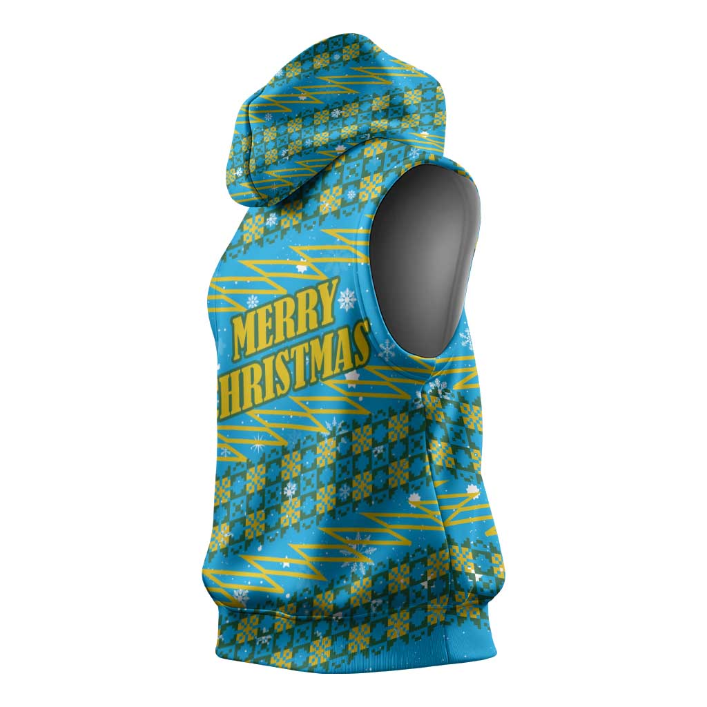 Rwanda Christmas Sleeveless Hoodie with Blue-Yellow Pattern, Festive Geometric Motifs, and Bold Typography - Wonder Print Shop