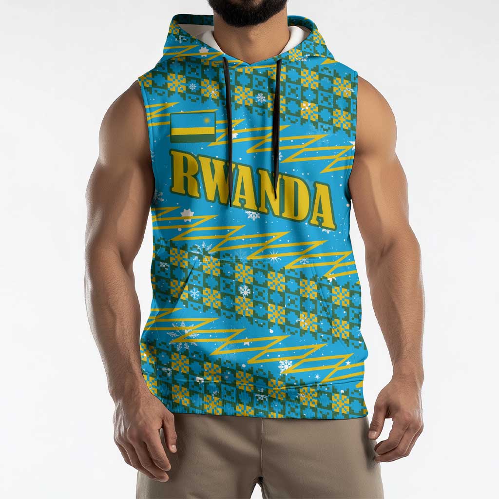 Rwanda Christmas Sleeveless Hoodie with Blue-Yellow Pattern, Festive Geometric Motifs, and Bold Typography - Wonder Print Shop