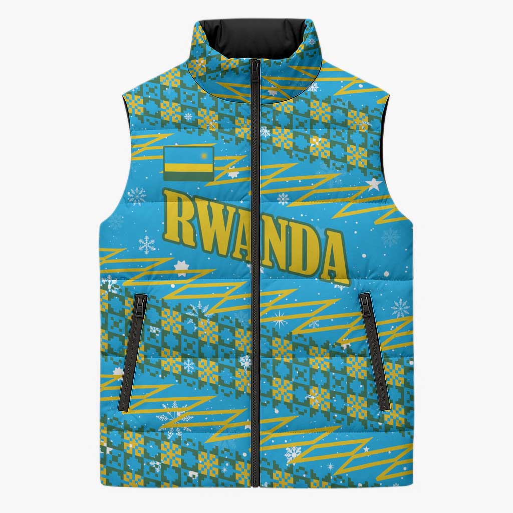 Rwanda Christmas Sleeveless Puffer Jacket with Blue-Yellow Pattern, Festive Geometric Motifs, and Bold Typography - Wonder Print Shop