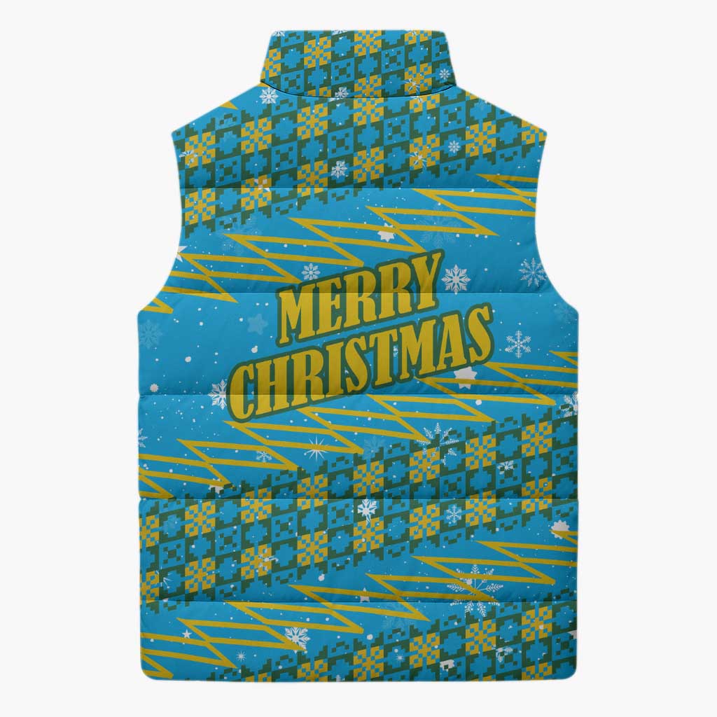 Rwanda Christmas Sleeveless Puffer Jacket with Blue-Yellow Pattern, Festive Geometric Motifs, and Bold Typography - Wonder Print Shop