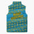 Rwanda Christmas Sleeveless Puffer Jacket with Blue-Yellow Pattern, Festive Geometric Motifs, and Bold Typography - Wonder Print Shop