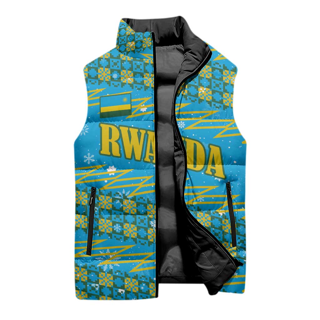 Rwanda Christmas Sleeveless Puffer Jacket with Blue-Yellow Pattern, Festive Geometric Motifs, and Bold Typography - Wonder Print Shop