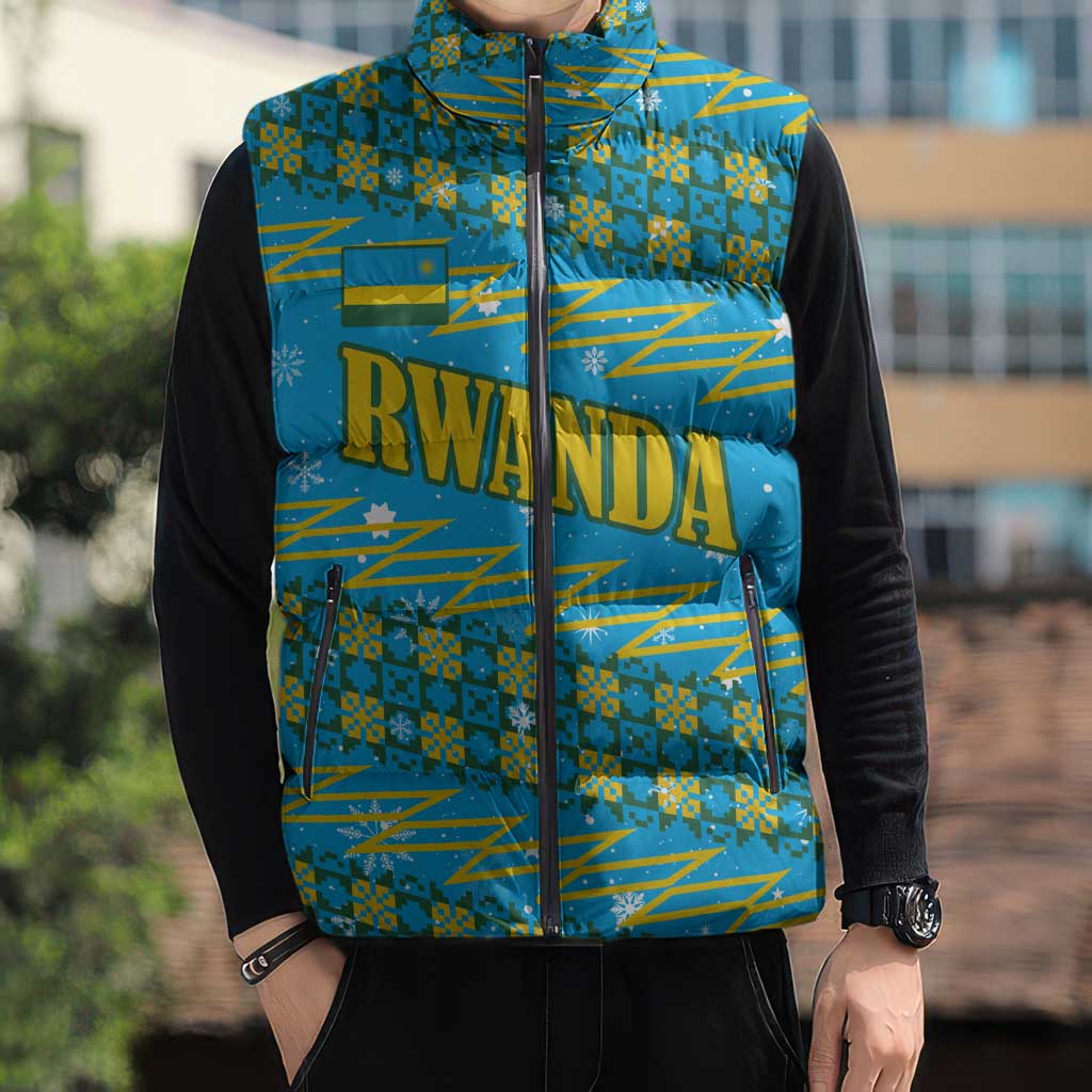 Rwanda Christmas Sleeveless Puffer Jacket with Blue-Yellow Pattern, Festive Geometric Motifs, and Bold Typography - Wonder Print Shop