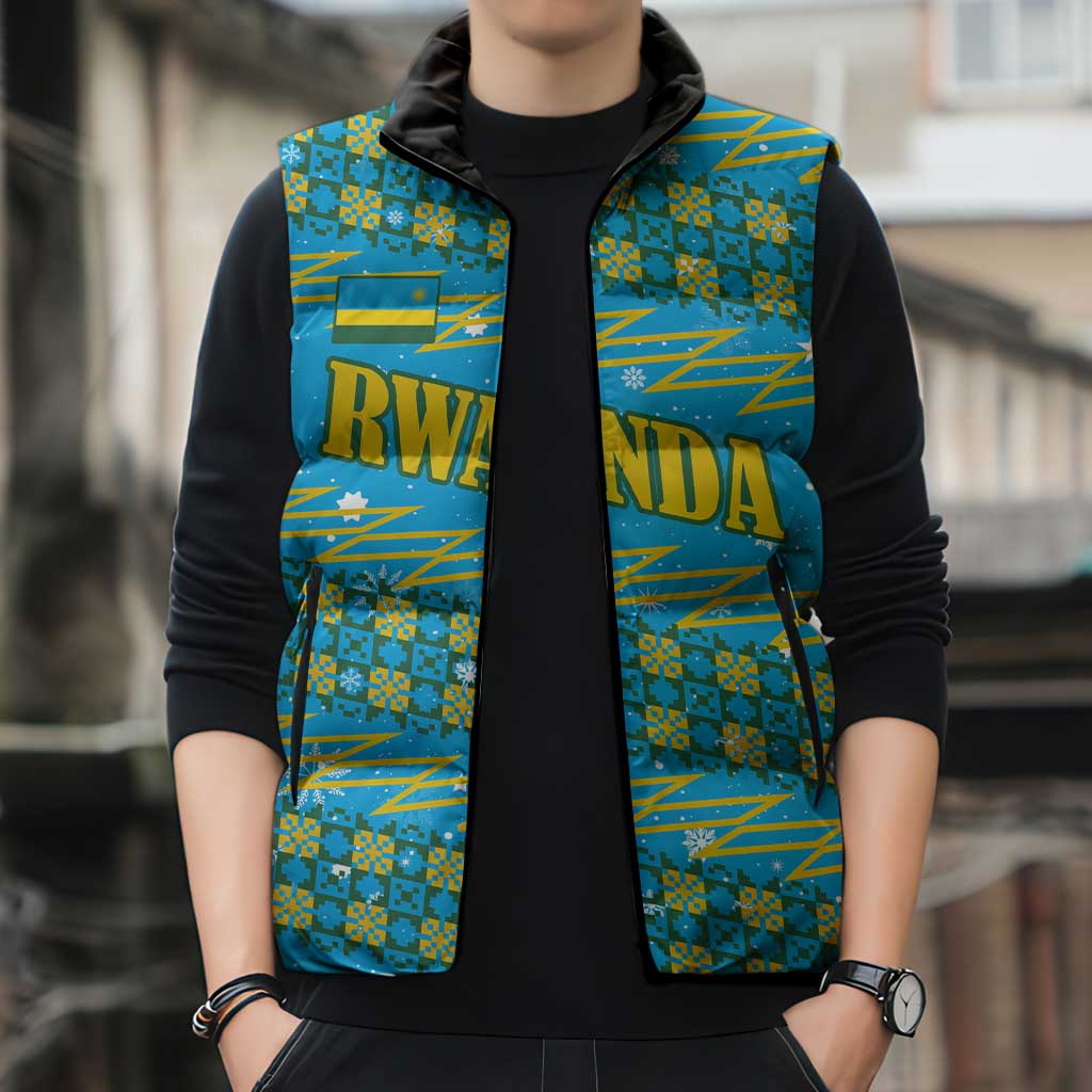 Rwanda Christmas Sleeveless Puffer Jacket with Blue-Yellow Pattern, Festive Geometric Motifs, and Bold Typography - Wonder Print Shop