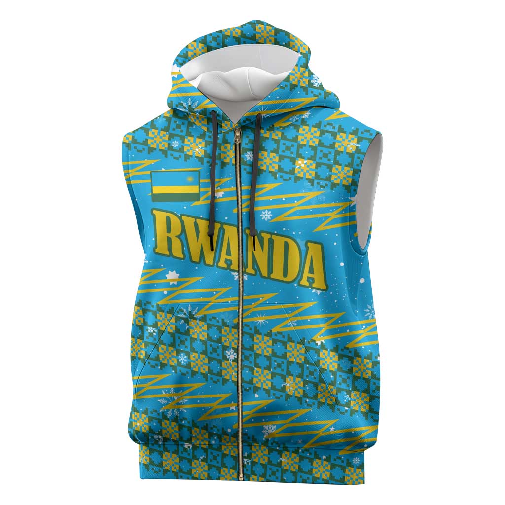 Rwanda Christmas Sleeveless Zip Hoodie with Blue-Yellow Pattern, Festive Geometric Motifs, and Bold Typography - Wonder Print Shop