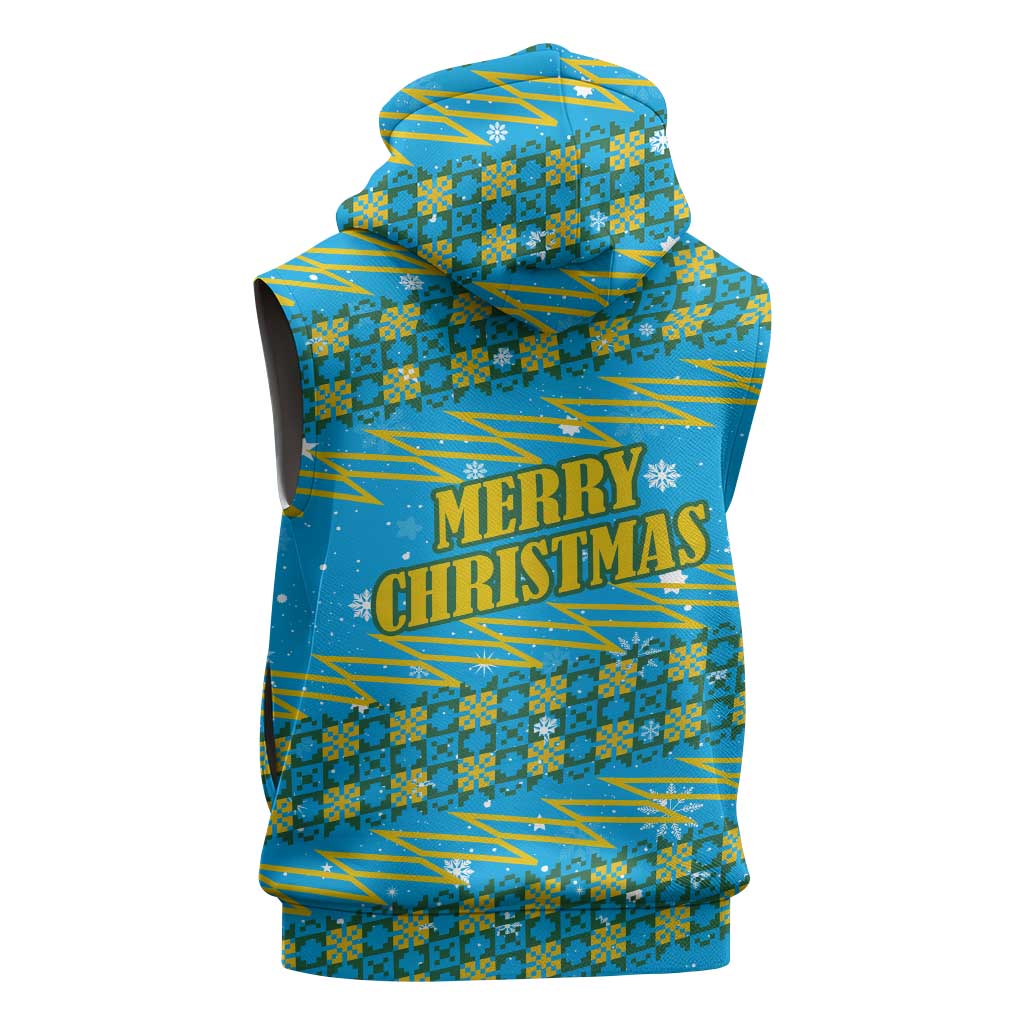 Rwanda Christmas Sleeveless Zip Hoodie with Blue-Yellow Pattern, Festive Geometric Motifs, and Bold Typography - Wonder Print Shop