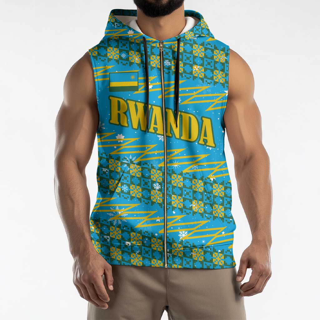 Rwanda Christmas Sleeveless Zip Hoodie with Blue-Yellow Pattern, Festive Geometric Motifs, and Bold Typography - Wonder Print Shop