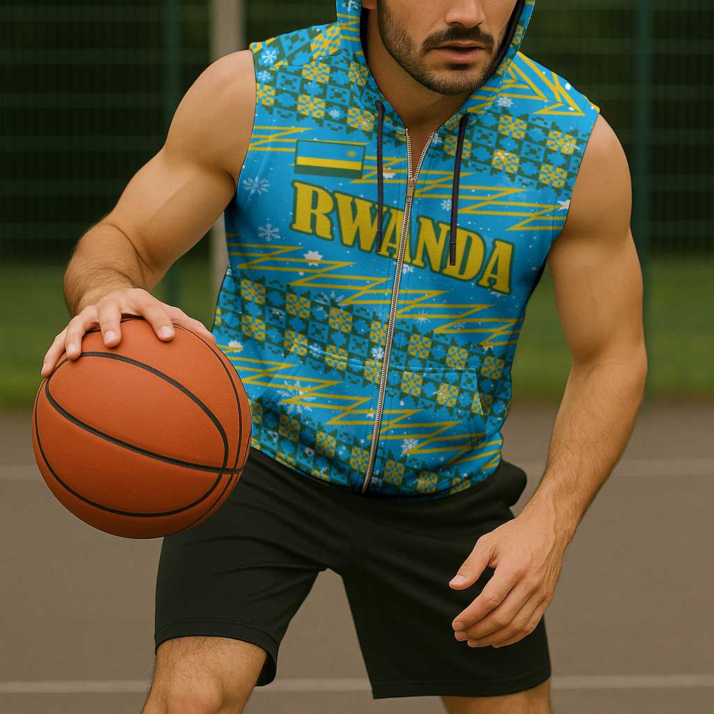 Rwanda Christmas Sleeveless Zip Hoodie with Blue-Yellow Pattern, Festive Geometric Motifs, and Bold Typography - Wonder Print Shop