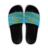 Rwanda Christmas Slide Sandals with Blue-Yellow Pattern, Festive Geometric Motifs, and Bold Typography - Wonder Print Shop