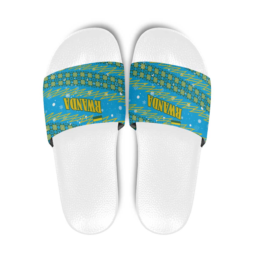Rwanda Christmas Slide Sandals with Blue-Yellow Pattern, Festive Geometric Motifs, and Bold Typography - Wonder Print Shop