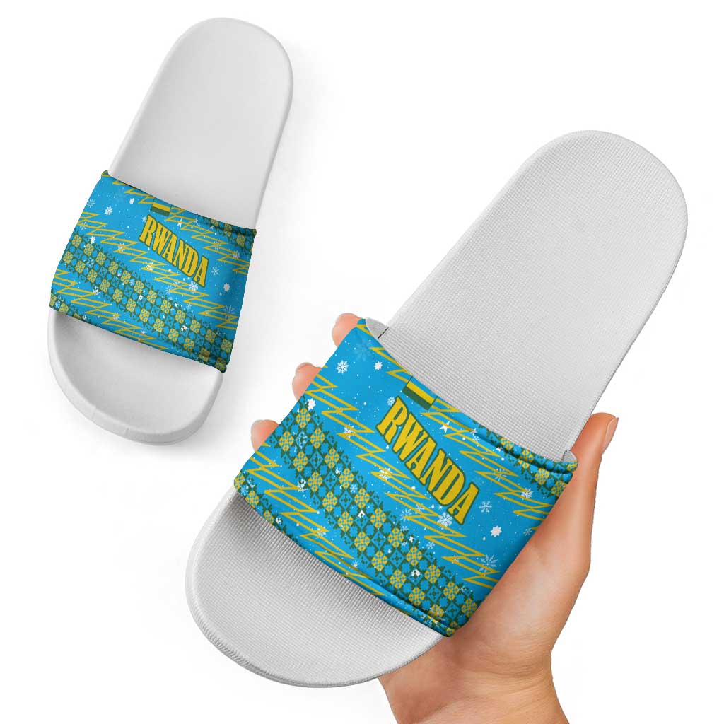 Rwanda Christmas Slide Sandals with Blue-Yellow Pattern, Festive Geometric Motifs, and Bold Typography - Wonder Print Shop