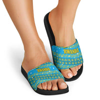 Rwanda Christmas Slide Sandals with Blue-Yellow Pattern, Festive Geometric Motifs, and Bold Typography - Wonder Print Shop