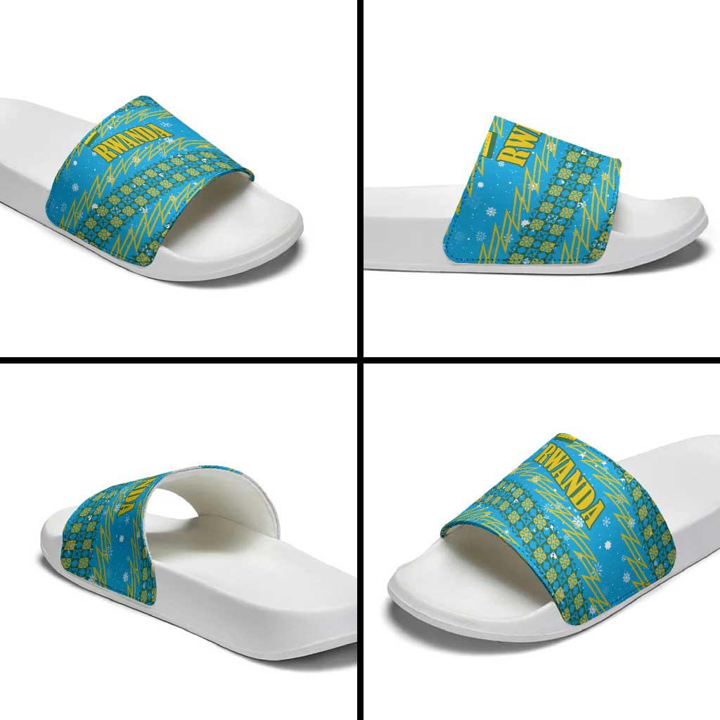 Rwanda Christmas Slide Sandals with Blue-Yellow Pattern, Festive Geometric Motifs, and Bold Typography - Wonder Print Shop