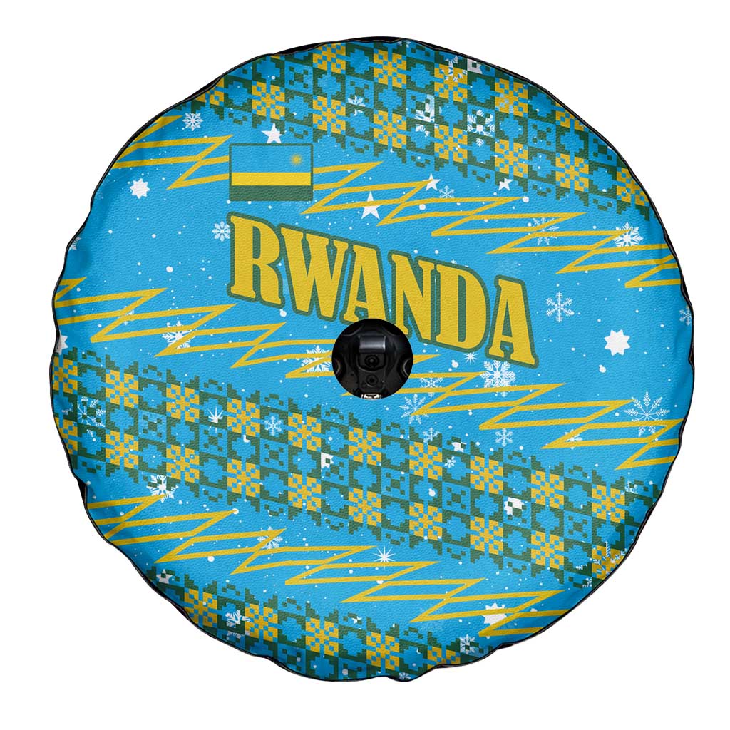 Rwanda Christmas Spare Tire Cover with Blue-Yellow Pattern, Festive Geometric Motifs, and Bold Typography - Wonder Print Shop