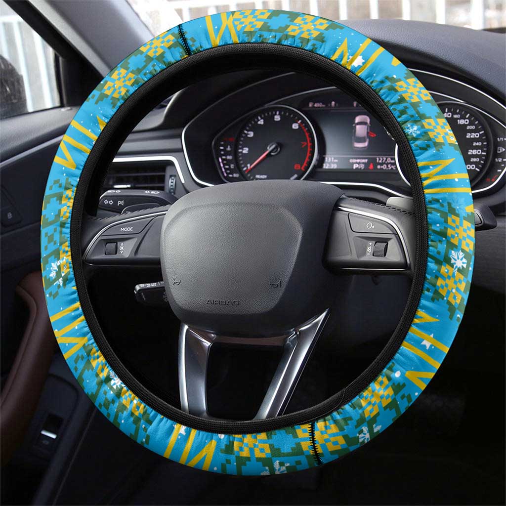 Rwanda Christmas Steering Wheel Cover with Blue-Yellow Pattern, Festive Geometric Motifs, and Bold Typography - Wonder Print Shop