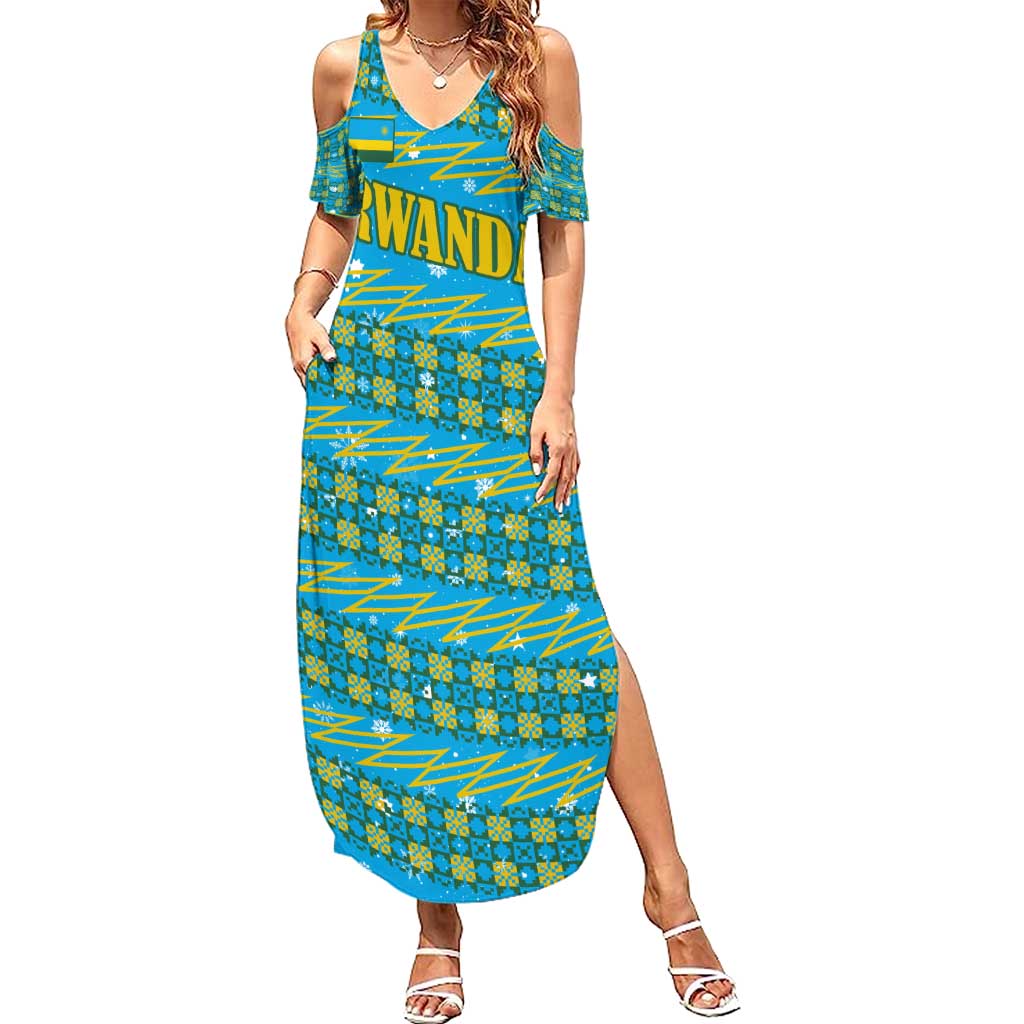 Rwanda Christmas Summer Maxi Dress with Blue-Yellow Pattern, Festive Geometric Motifs, and Bold Typography - Wonder Print Shop