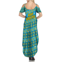 Rwanda Christmas Summer Maxi Dress with Blue-Yellow Pattern, Festive Geometric Motifs, and Bold Typography - Wonder Print Shop