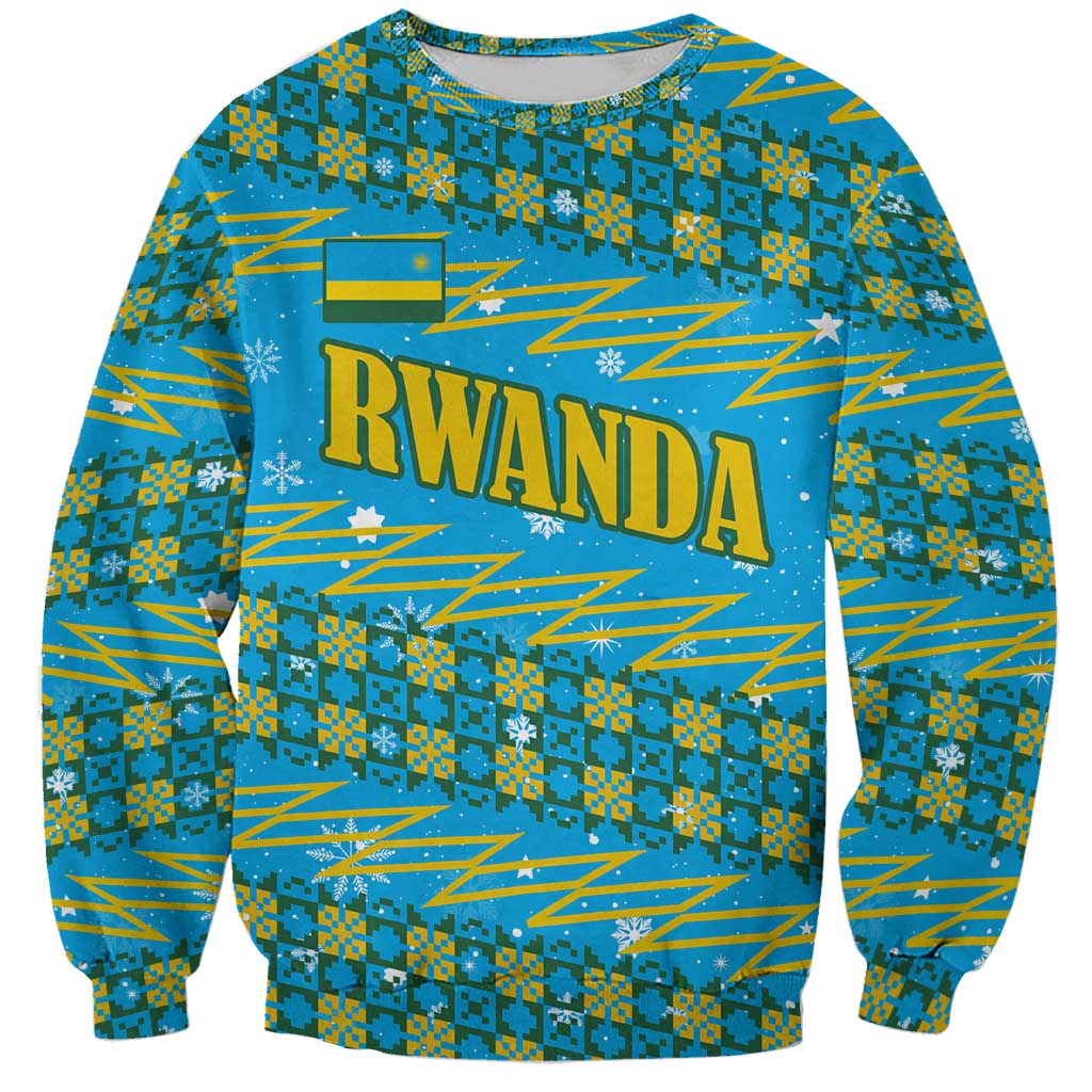 Rwanda Christmas Sweatshirt with Blue-Yellow Pattern, Festive Geometric Motifs, and Bold Typography - Wonder Print Shop