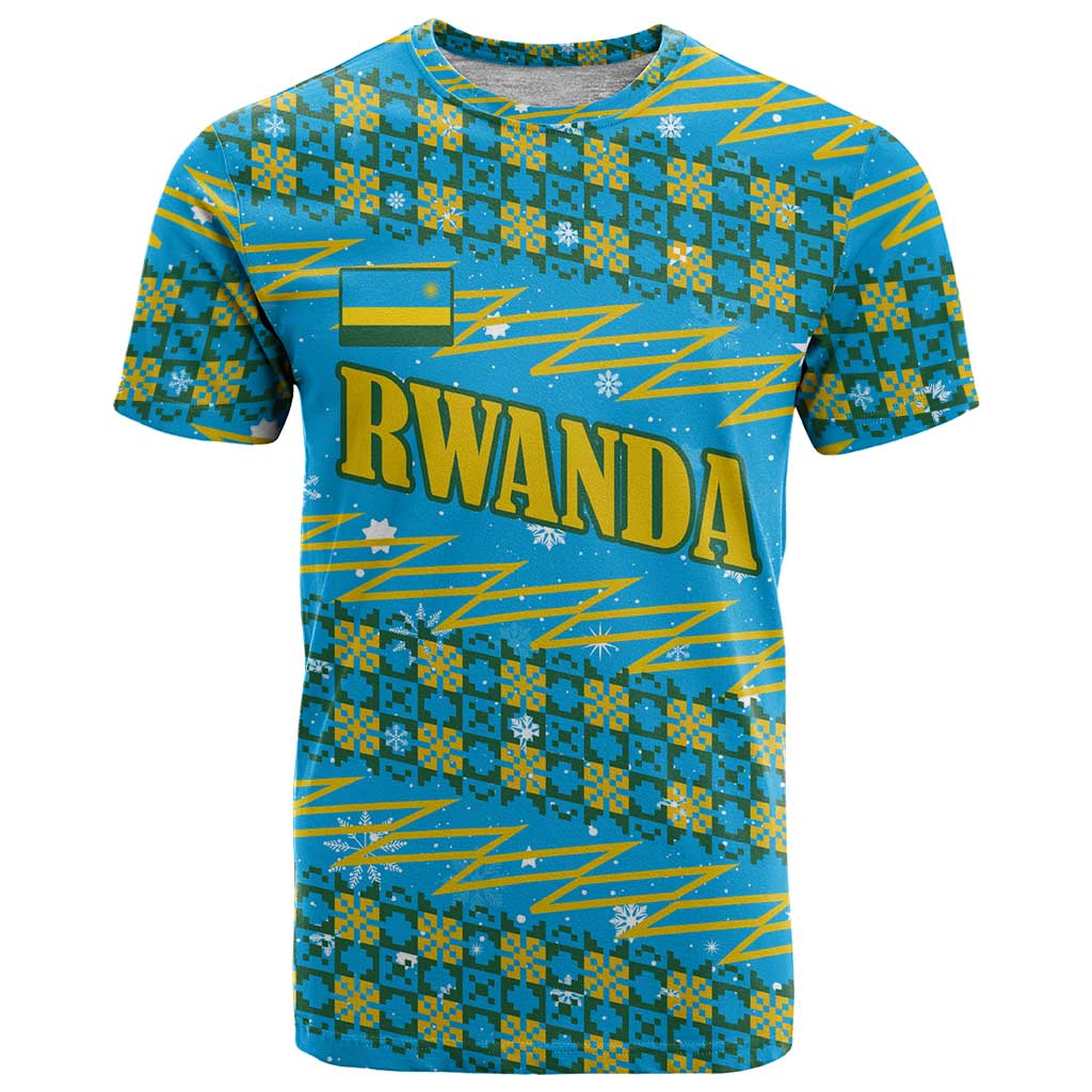 Rwanda Christmas T Shirt with Blue-Yellow Pattern, Festive Geometric Motifs, and Bold Typography - Wonder Print Shop
