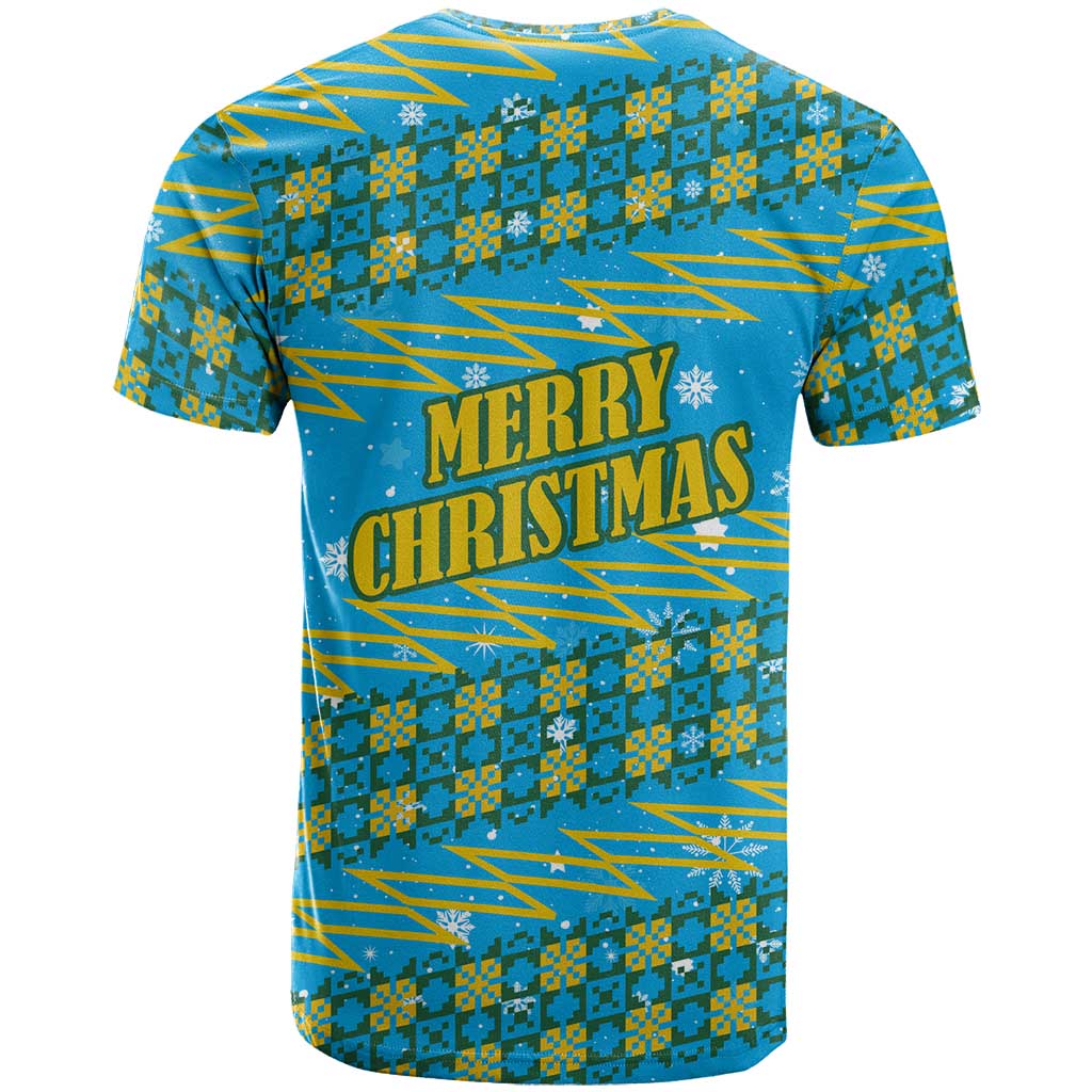Rwanda Christmas T Shirt with Blue-Yellow Pattern, Festive Geometric Motifs, and Bold Typography - Wonder Print Shop