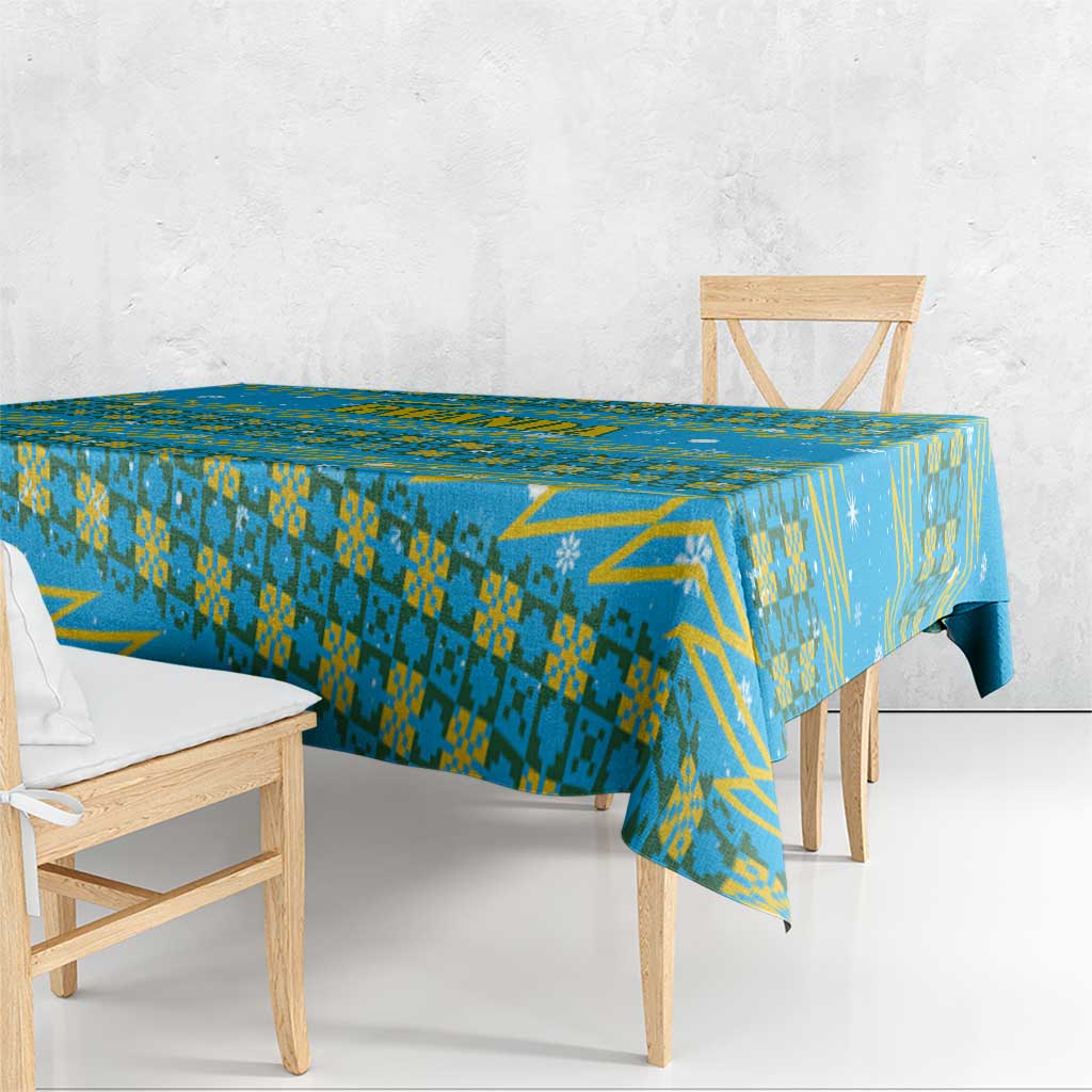 Rwanda Christmas Tablecloth with Blue-Yellow Pattern, Festive Geometric Motifs, and Bold Typography - Wonder Print Shop