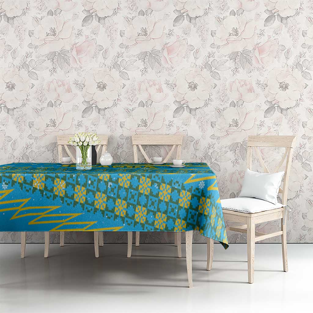 Rwanda Christmas Tablecloth with Blue-Yellow Pattern, Festive Geometric Motifs, and Bold Typography - Wonder Print Shop