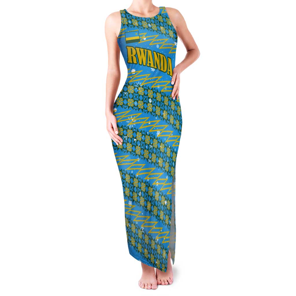 Rwanda Christmas Tank Maxi Dress with Blue-Yellow Pattern, Festive Geometric Motifs, and Bold Typography - Wonder Print Shop